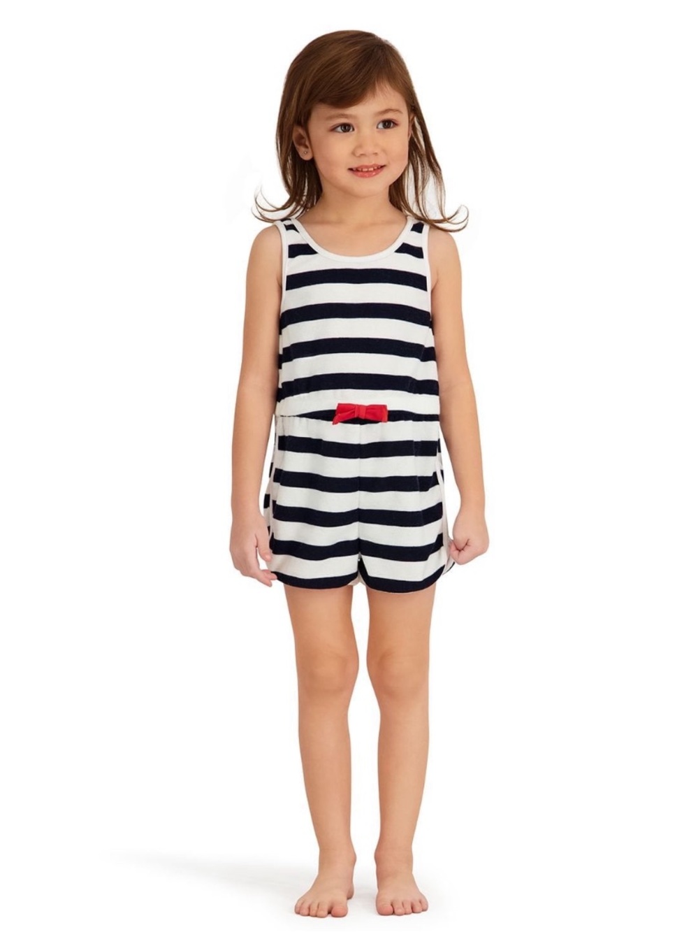 Sperry Girls Terry Cloth Nautical Striped Romper Red Bow Size 6/7